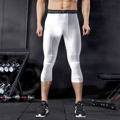 Trendoran Men’s Compression Sports Leggings – Honeycomb Knee-Pad Tights for Running, Basketball & Gym